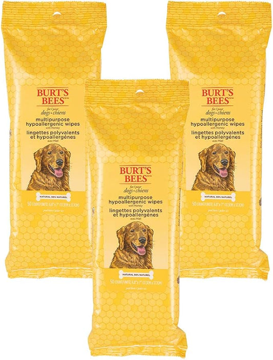 Burt's Bees for Pets Multipurpose Dog Wipes with Honey, 98% Natural Origin Formulas, Hypoallergenic Dogs Wipe, Canine Cleaning Sheets for Paws and Butt, 3 pk, 50ct