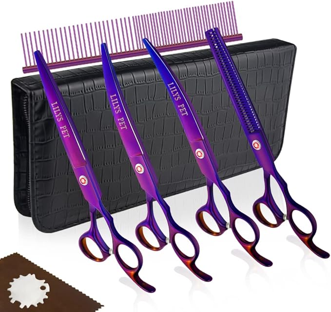 LILYS PET Professional PET DOG Grooming Coated Titanium scissors suit Cutting&Curved&Thinning shears (8.0 inches, Purple)…