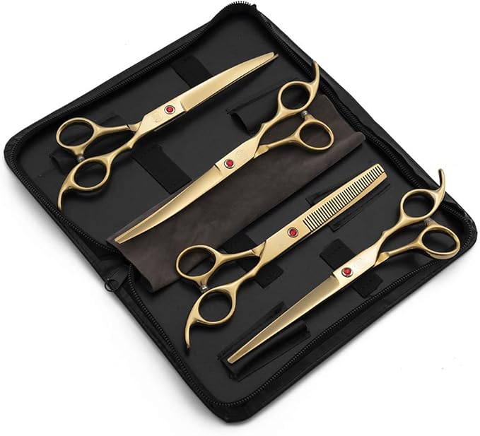 Moontay Professional 7.0" Dog Grooming Scissors Set, 4-pieces Straight, Upward Curved, Downward Curved, Thinning/Blending Shears for Dog, Cat and Pets, JP Stainless Steel, Gold