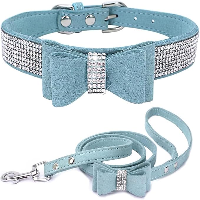 Rhinestone Bowtie Small Dog Collar and Leash Set, Diamond Puppy Collars Bow Crystal Bling Jeweled Glitter Girl Female Adjustable for XXSmall X-Small Small Medium Large Dogs (Light Blue-1,XSmall)