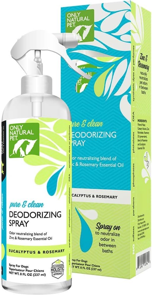 Only Natural Pet Pure & Clean Deodorizing Spray for Dogs - All Natural Holistic Pet Grooming Deodorant Spray with Odor Control, Eucalyptus & Rosemary Scent - 8 Fl Oz