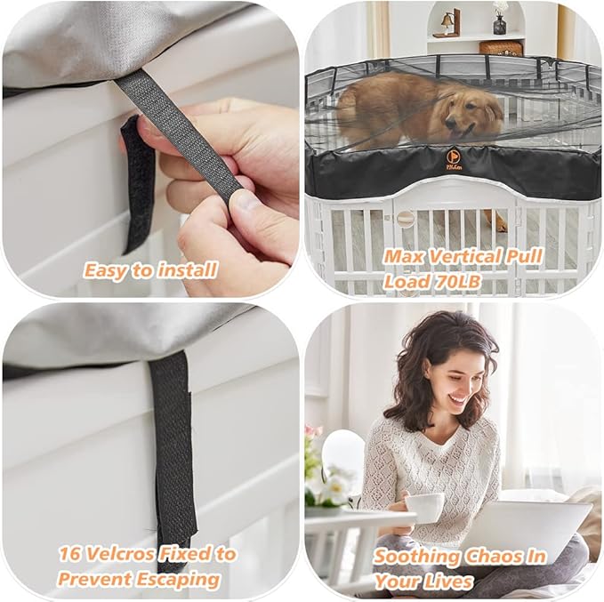 PJYuCien Dog Playpen Mesh Top Cover, Fits 36 Inch 6 Panels Regular Hexagonal Plastic Exercise Pet Pen, Adhesive Tape Connections, Black (Note: Cover Only, Fence Not Included)