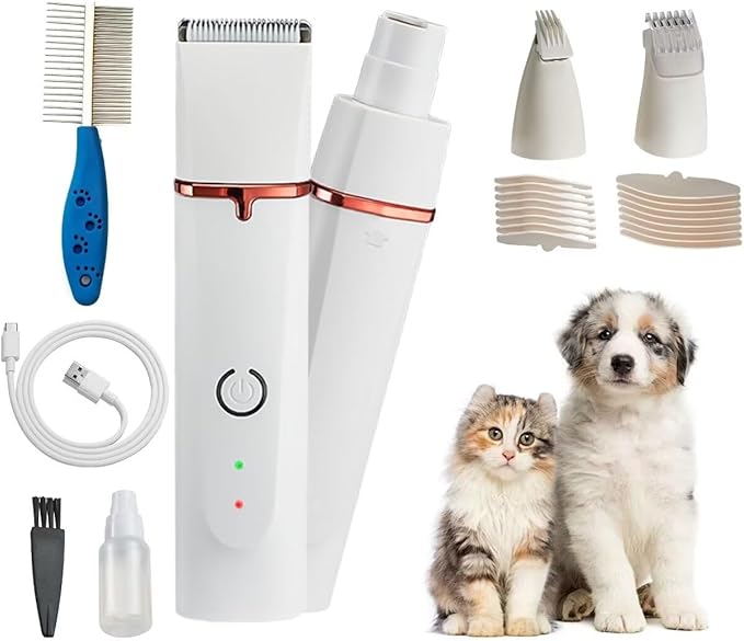 Dog Grooming Clippers Kit,Electric Rechargeable Cat Trimmer Tools,4 in 1 Multifunctional Low Noise Pet Shaver,Nail Grinder Haircutting System,Razor for Body Feet Paw Face Ears Nails Eyes,Hair Trimmer