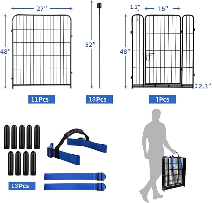 ADAVIN Tall Garden Fence 48 in(H) 12 Panels Total 26.6 FT(L), Heavy Duty Iron Metal Fence and Border, Flower Bed Fencing, outdoor Animal Barrier Fence, Dog Fences with gate for the Yard Camping, Black