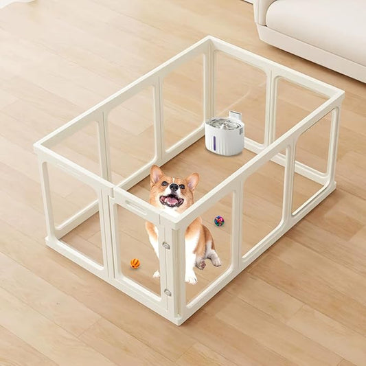 Clear Acrylic Dog Playpen Transparent Pet Playpen Indoor-Easy Assemble and Disassemble Dog Fence-Clear Pet Pen Dog Playpen for Puppy Bunny Cat Pig(23.6" H, 9 Panels+1 Door) White