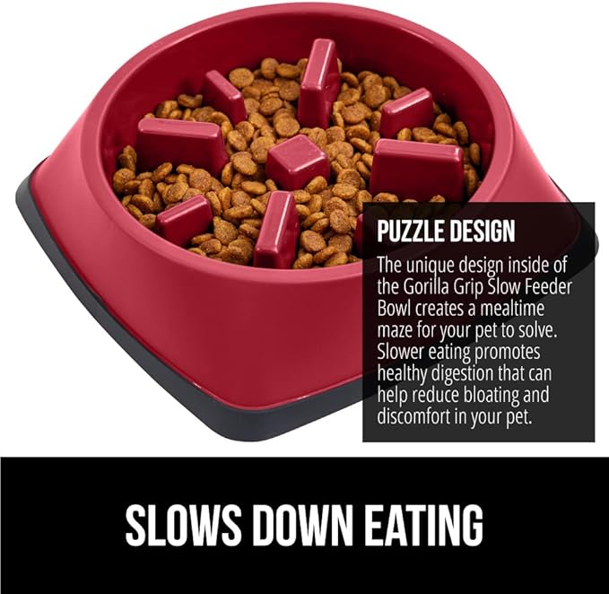 Gorilla Grip Slow Feeder Dog and Cat Bowls, Interactive Puzzle Toy for Dogs and Cats Food Training, Keeps Pets Busy and Prevents Puppy Overeating, Large, Small Breeds, 100% BPA Free, 4 Cup Red