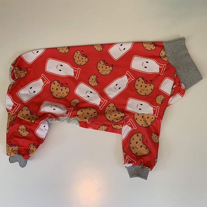 Tooth & Honey Pitbull Dog Pajamas – Red Milk & Cookie Print Onesie for Medium Dogs – Lightweight Full Coverage Dog Clothes for Shedding, Recovery & Warmth – Pullover Pajamas (Medium)