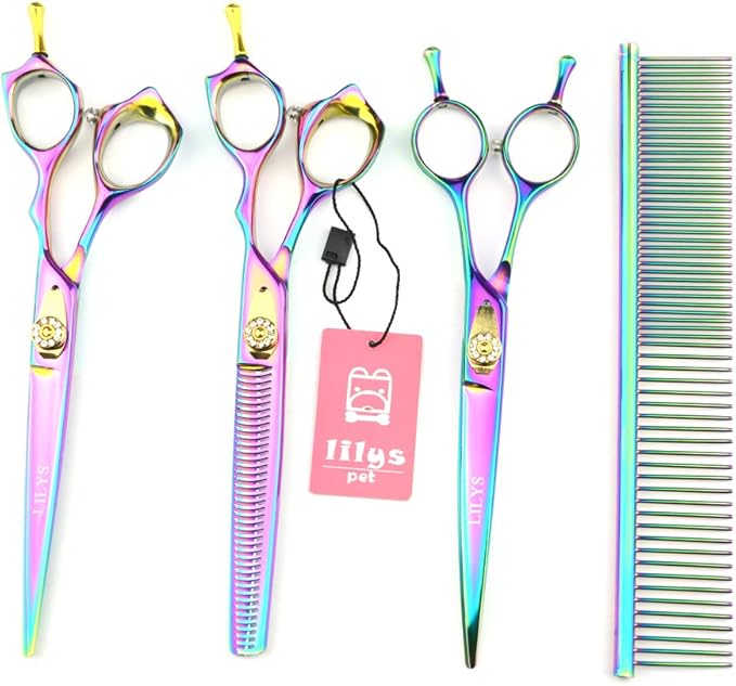 LILYS PET HIGH-END SERIES Japan 440C Pet Grooming Scissors Set,Rainbow Color,Cutting&Thinning&Two-way Curved shears Set (7.0")