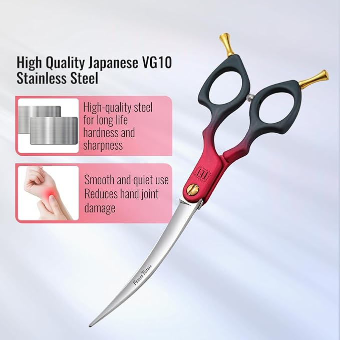 Fenice Dog Grooming Curved Scissors: 6.5" Pet Self-sharpening Split Finishing Shears for Dogs' Faces and Eyes Lightweight Ideal for Tight Spaces and Detailed Grooming Japan VG10 Alloy Steel 63HRC