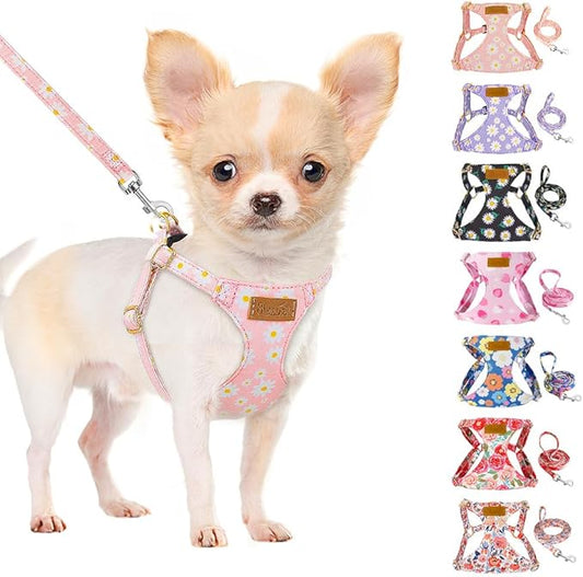 SlowTon No Pull Dog Harness with Leash - Soft Lightweight Floral Pattern Puppy Harness, Adjustable Pet Harness for Small Medium Dogs (Pink Daisy S)