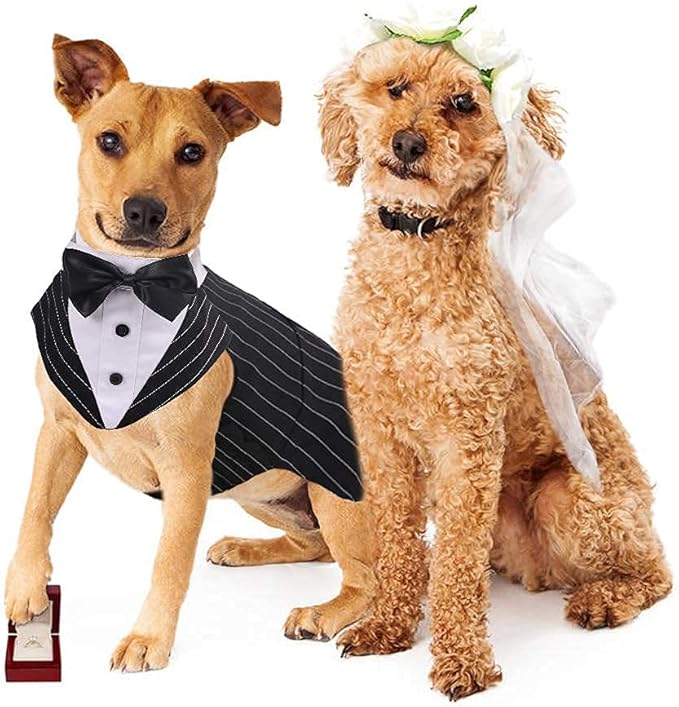 PUMYPOREITY Medium Dog Bowtie Tuxedo Suit, Cat Tuxedo, Dog Wedding Outfit, 2 Pieces/Pack, M, Stripe