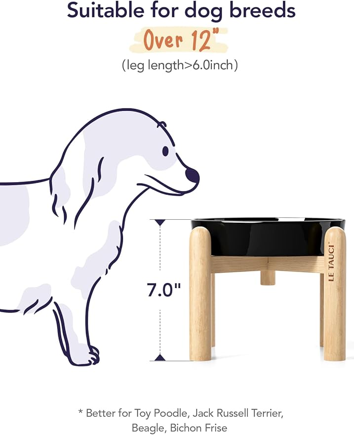 LE TAUCI Ceramic Slow Feeder Dog Bowls Elevated, 1.5 Cups Raised Dog Food Bowl with Wooden Stand for Small Medium Breed, Pet Dishes to Slow Down Eating, Skull Black
