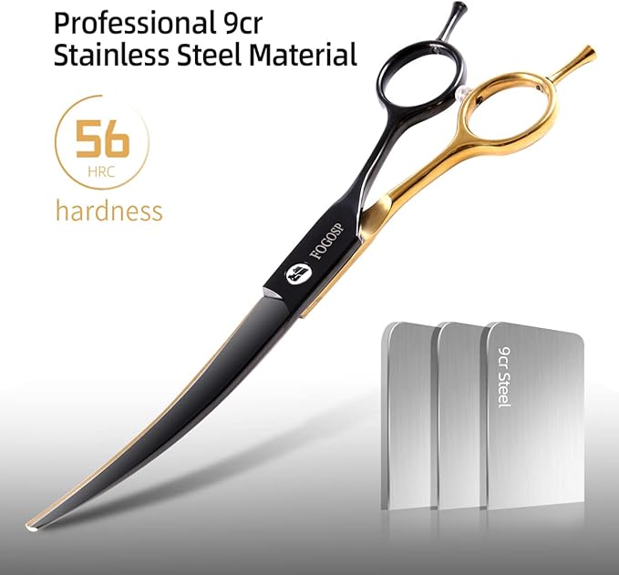 Black and Gold Two-Color Curved Grooming Scissors for Dogs 7.0" Professional Curved Pets Grooming Scissors for Small Medium Dog 9CR Stainless Steel(Black&Gold,Curved)