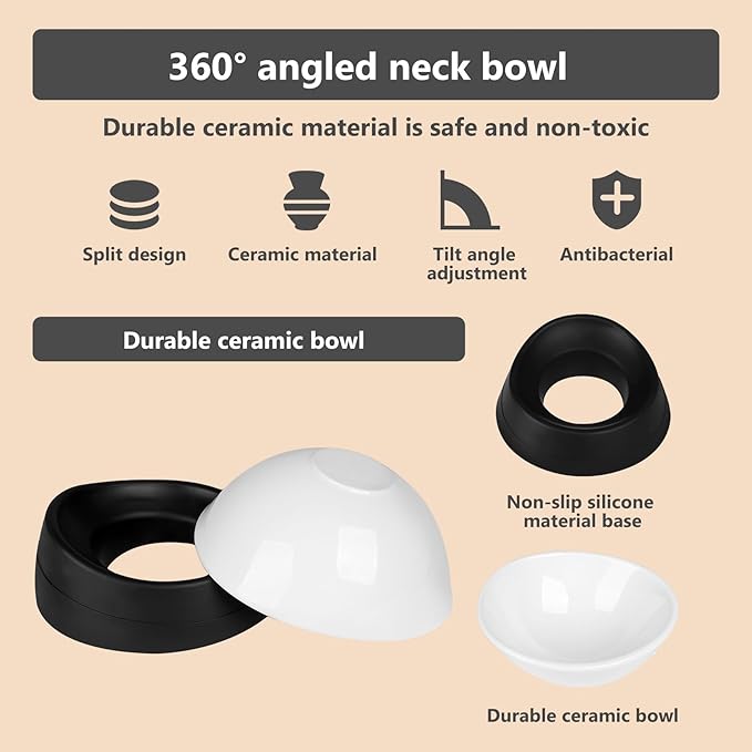 Bulldog Bowl Anti-Slip Dog Cat Dish Detachable Ceramic Pet Sterile Tilted Pet Feeder Slope Base (White Ceramic Bowl, 2 Cup)