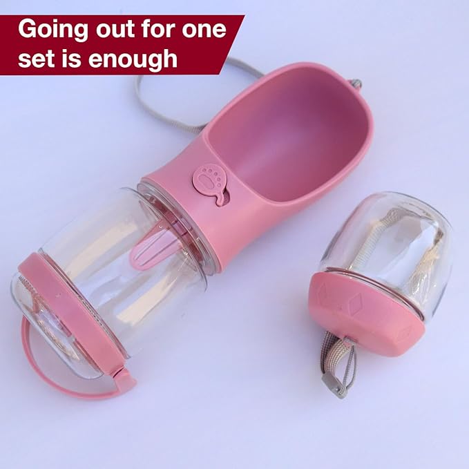 Dog Water Bottle with Food Container Holder, Travel Puppy Drinking Bowl, Portable Pet Water Dispenser, Patented Design, Food Grade Plastic 12 oz Water Bottle+100g Snack cans