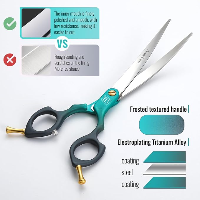 Fenice Dog Grooming Curved Scissors: 6.5" Pet Self-sharpening Split Finishing Shears for Dogs' Faces and Eyes Lightweight Ideal for Tight Spaces and Detailed Grooming Japan VG10 Alloy Steel 63HRC