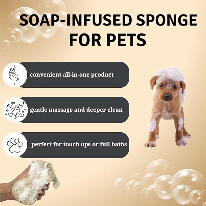 Pet Sponge with Soap-Infused | Coconut Oatmeal Formula for Cats & Dogs | Simple Ingredients & Soothes Skin | 10+ Washes, brown