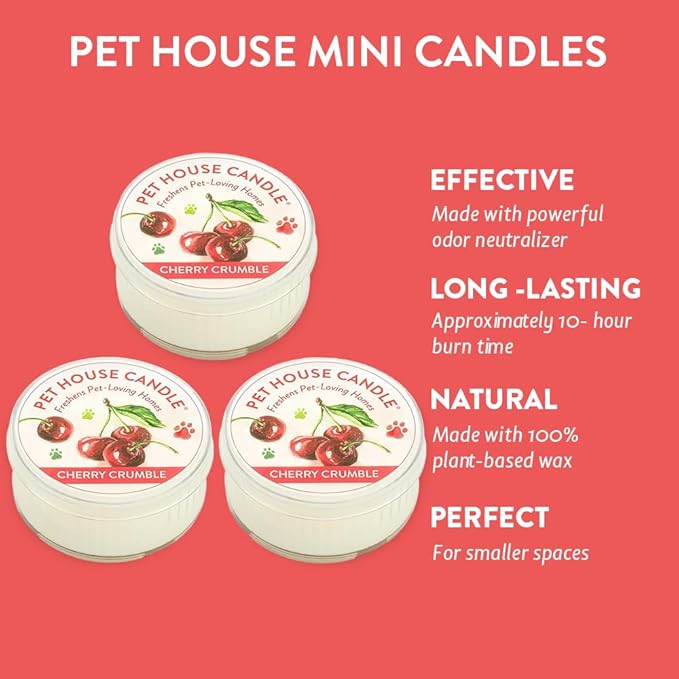 Pet House Mini Candles for Pet Odor Made with Natural Soy Wax, Plant Based, Dog and Cat Friendly Scented Candles, Cherry Crumble Pack of 3