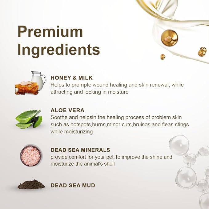 Pet Dog Shampoo Mud and Natural Dead Sea Mineral Rich, Aloe Vera & Vitamin-E, Soothing, Soften & Shiny Coat, Cleansing - Natural Honey & Milk - (1) Bottle 16.5 FL OZ