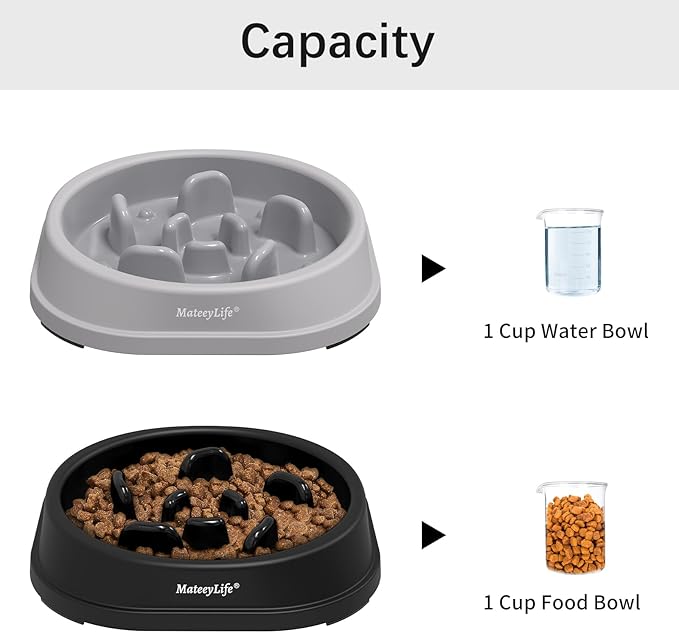MateeyLife Small Slow Feeder Cat Bowls 2PCS, Anti-Choking Puzzle Cat Food Bowls, Anti-Slip Interactive Dog Feeding Slow Down Eating, Bloat Stop Maze Dishes Dog Feeder for Small Breeds 1 Cup Gray&Black