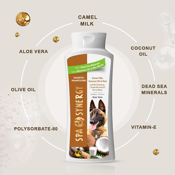 Pet Dog Shampoo Mud and Natural Dead Sea Mineral Rich, Aloe Vera & Vitamin-E, Soothing, Soften, Anti Dandruff, Cleansing- Camel Milk & Coconut Oil - (1) Bottle 16.5 FL OZ