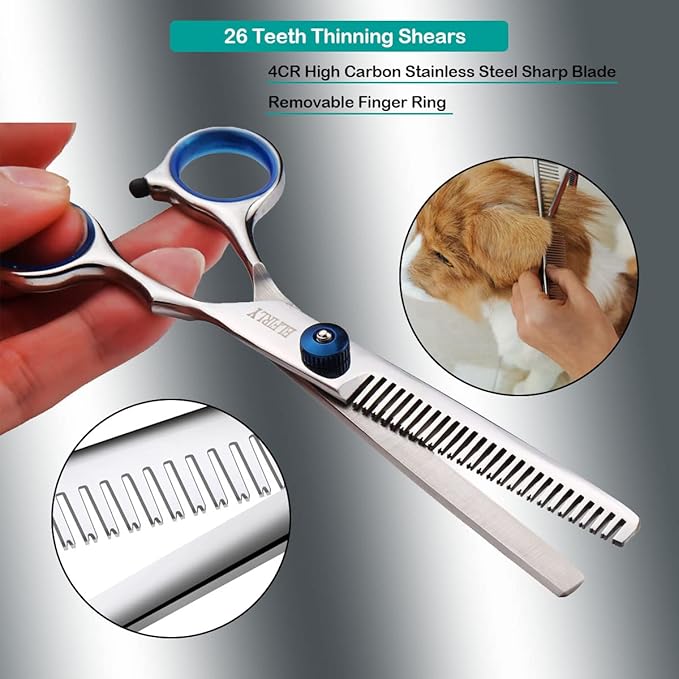 Dog Grooming Scissors Set with Safety Round Tip (2 Pack - Curved Scissors Thinning Shears for Pets) Blue