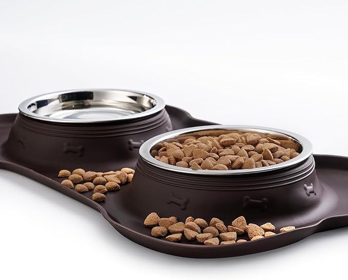 Hubulk Pet Dog Bowls 2 Stainless Steel Dog Bowl with No Spill Non-Skid Silicone Mat + Pet Food Scoop Water and Food Feeder Bowls for Feeding Small Medium Large Dogs Cats Puppies (X- Large, Chocolate)