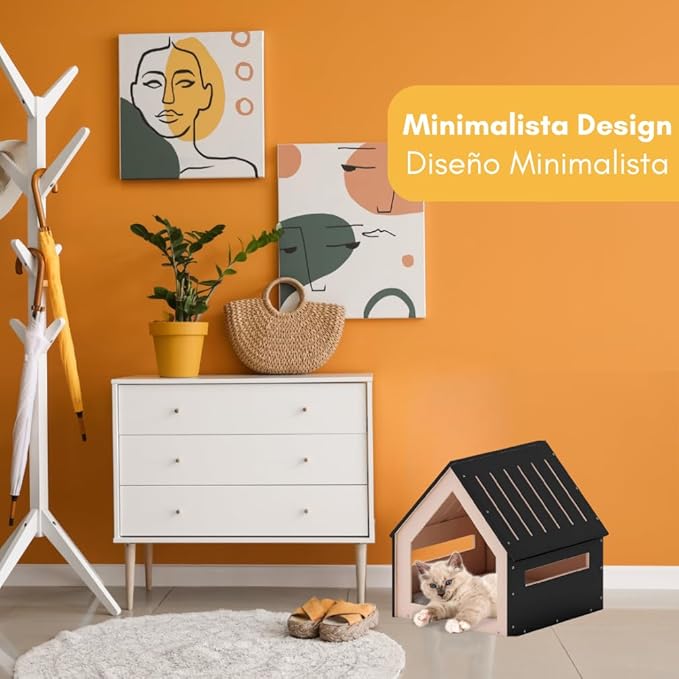 Medium House for Pets, Wooden House for Pets for Interiors, Resistant Wood with Cushion for Dog Included, Minimalist, Elegant and Resistant, 18x18x18 in, Black