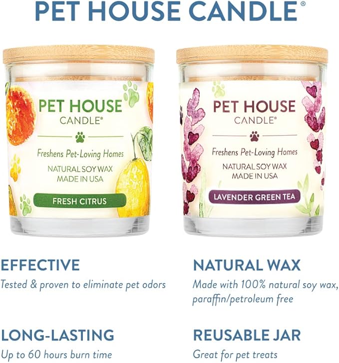One Fur All Pet House Candle 2 Pack - Plant-Based/Soy, Long Lasting, Pet Odor Candle for Home - Fresh Citrus, Lavender Green