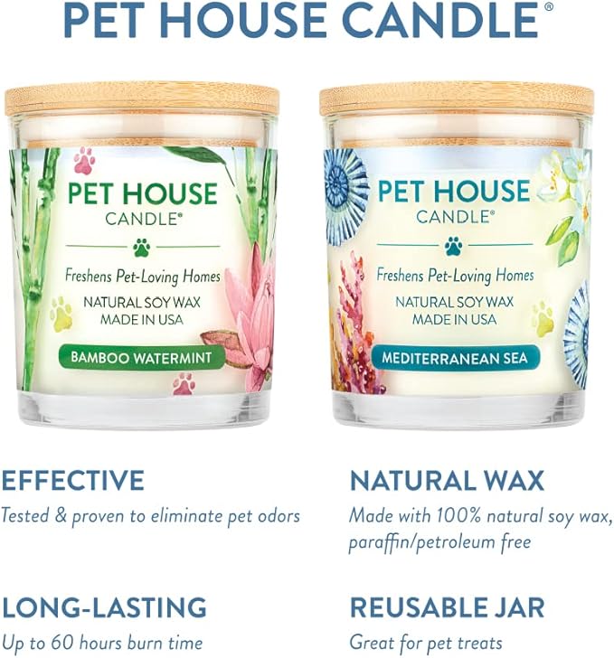 One Fur All Pet House Candle 2 Pack - Plant-Based/Soy Candle - Clean Burning Scented Candles, Long Lasting Pet Odor Candle for Home - Bamboo Watermint, Med Sea