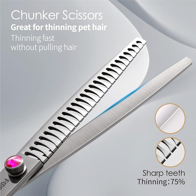 Dog Grooming Scissors Kit 7.5 in Professional Curved Thinning Straight Chunker Shears and Comb 5pcs Set for Grooming Big Dogs Poodle Pet Japan 440C Stainless Steel(7.5'',Kit)