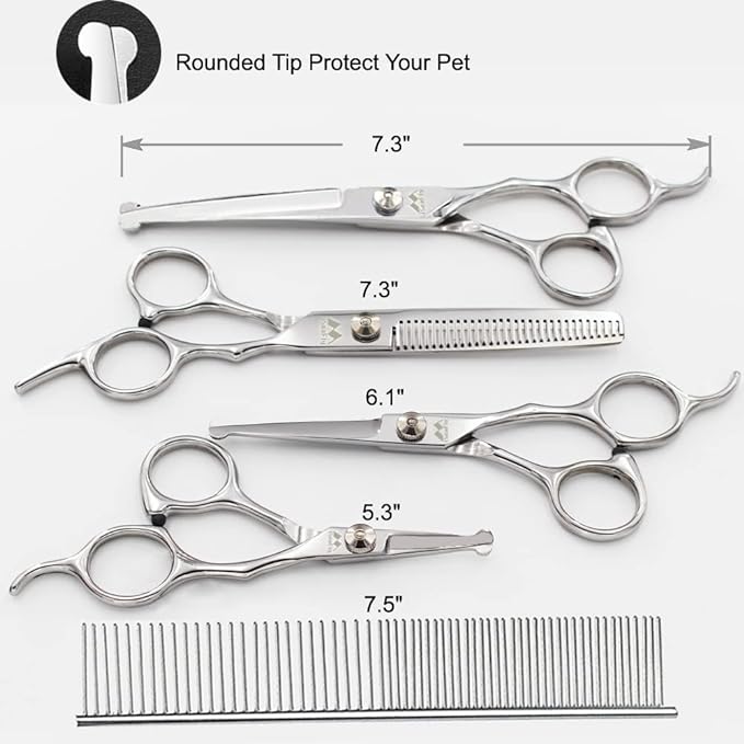 Dog Grooming Scissors Kit with Round Tip, 6 in 1 Cat Dog Scissors, Stainless Steel Pet Grooming Shears, Straight, Curved, Thinning Shears, Comb for Full Body, Face, Nose, Ear & Paw