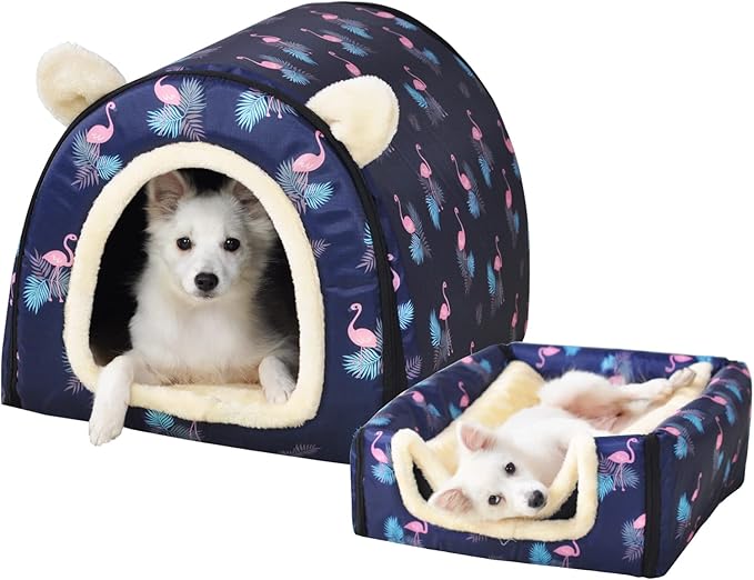Dog Bed,2 Ways to Use,Indoor Pet House with Fluffy Mat,Removable and Washable Cover,Splash-Proof House and Non-Slip Bottom,for Large Dogs(XL Flamingo)