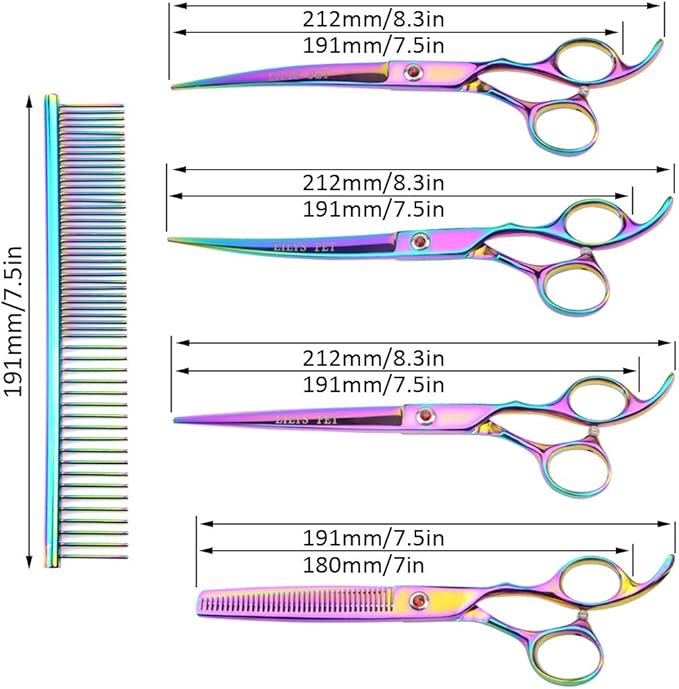 LILYS PET Professional PET DOG Grooming Coated Titanium scissors suit Cutting&Curved&Thinning shears (7.5 inches, Rainbow)…