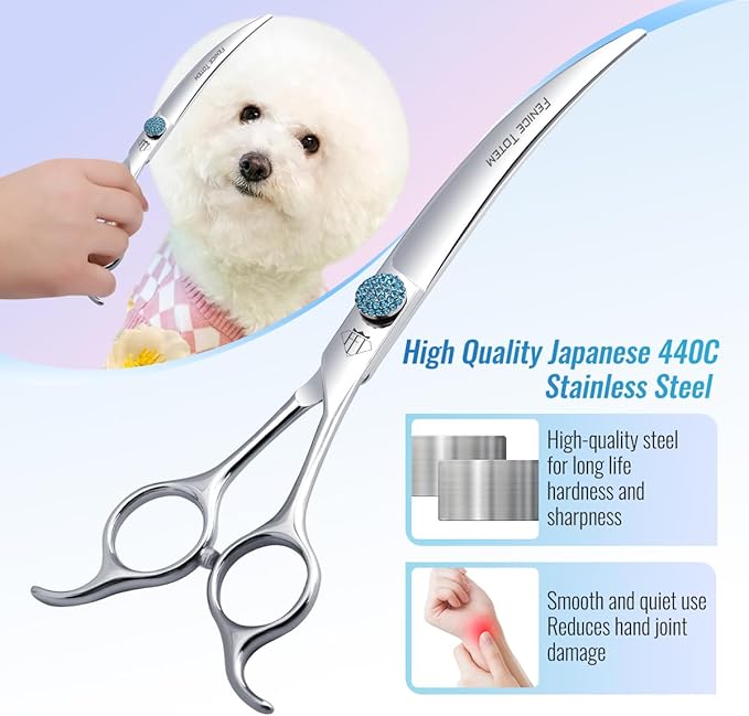 Fenice Professional Grooming Curved Shear: 45 Degree Super Curves Scissors for Dogs 7.5" Big Arc Curved Shears Made Of Japanese 440C Stainless Steel