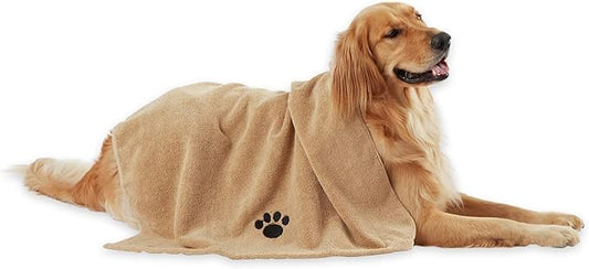 Bone Dry Pet Grooming Towel Collection Absorbent Microfiber X-Large, 41x23.5", Embroidered Taupe