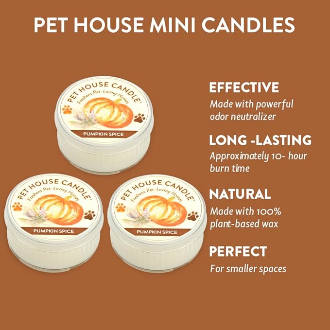 One Fur All Pet House Mini Candles for Pet Odor Made with Natural Soy Wax, Plant Based, Dog and Cat Friendly Scented Candles, Pumpkin Spice Pack of 3