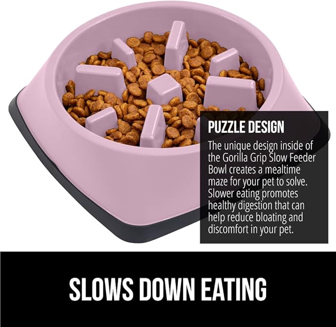 Gorilla Grip Slow Feeder Dog and Cat Bowls, Interactive Puzzle Toy for Dogs and Cats Food Training, Keeps Pets Busy and Prevents Puppy Overeating, Large, Small Breeds, 100% BPA Free, 4 Cup Pink