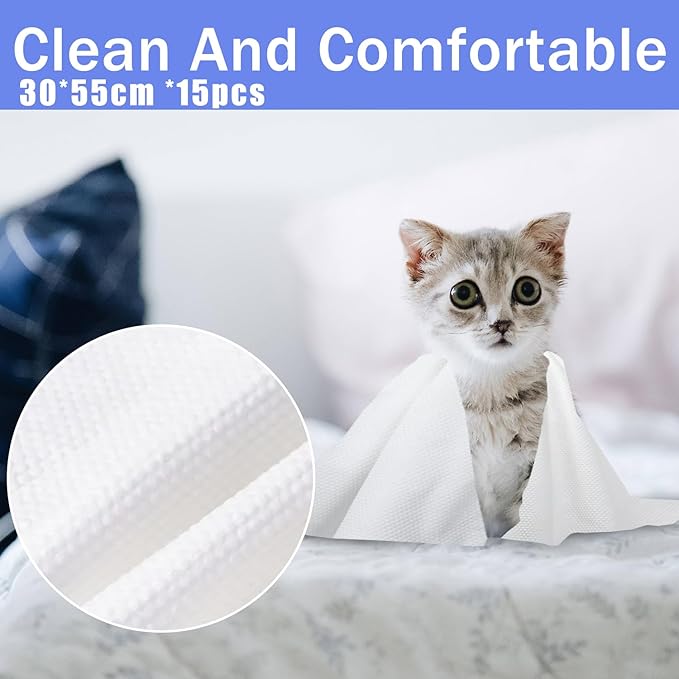 Disposable Pet Bath Towel,15 PCS Portable Pet Grooming Towels,11.8 x 21.6 inch Convenient Pet Cleaning Towel Pet Drying Towels,Absorbent Bath Towel for Small Dog Puppy Cat, White