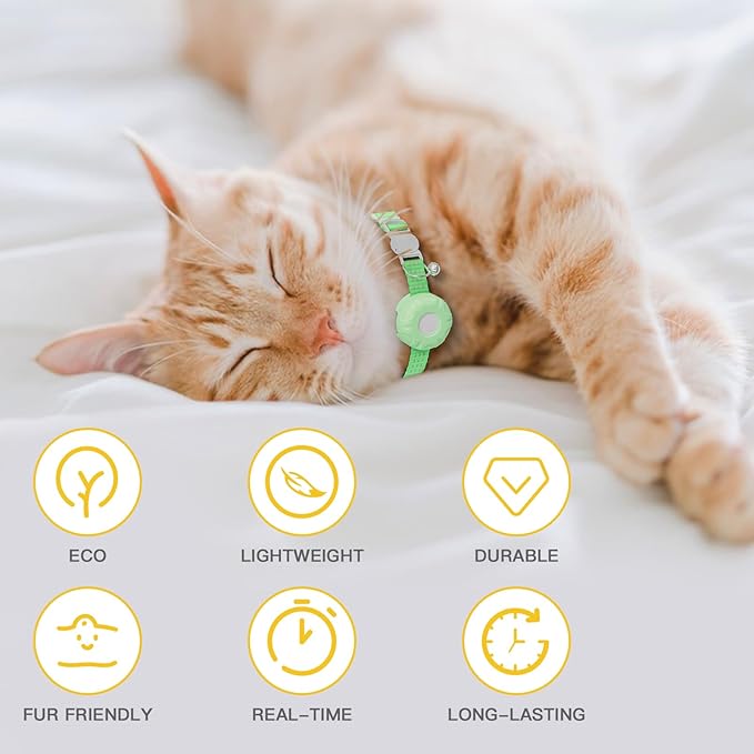 Cat Tracker Collar,No Monthly Fee Tracking Pet Collar with Finder Tag,Compatible with Apple Find My(iOS Only),Breakaway Tractive Design with Reflective Pattern & Bell,LightGreen