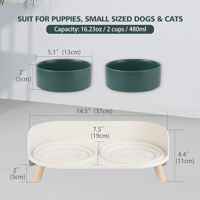 Elevated Ceramic Cat Bowl Set - Raised Double Dishes for Food & Water - Non-Slip Stand & Splash Proof - for Cats & Puppies - 2 x 480 ML - 16.23 OZ