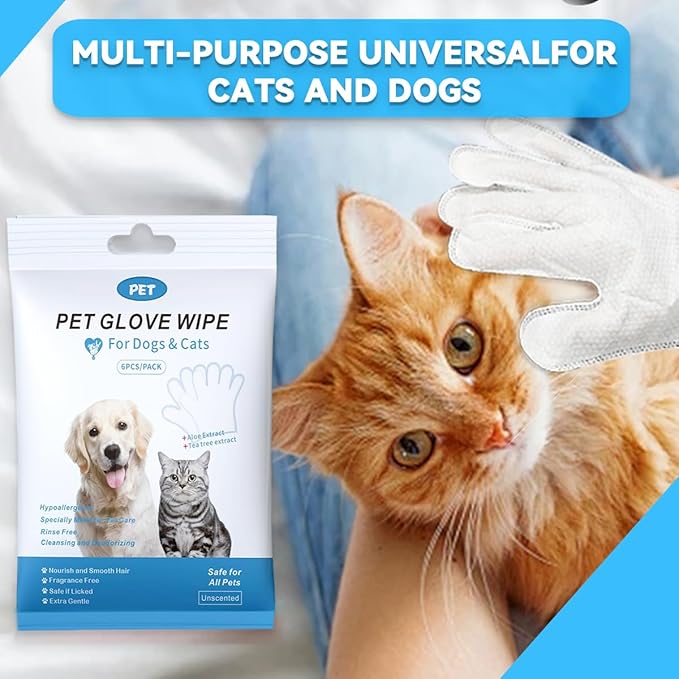 Dog and Cat Cleaning Gloves, Cleaning and Deodorizing Grooming Gloves, Dog and Cat Fur Face, Ears, Eyes, Paws Cleaner, Pet Grooming Wipes, Nourishing Fur, for Daily Care and Travel, No Rinse (12 Pcs)