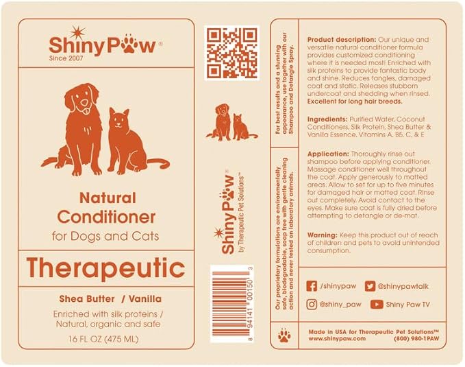 Dog Conditioner for Allergies and Itching | Shiny Paw Shea Butter & Vanilla Conditioner for Dogs & Cats | Dog Matted Hair Detangler | Made in The USA | 16 oz