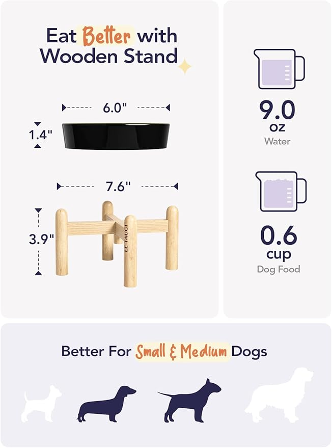 LE TAUCI Ceramic Slow Feeder Dog Bowls Elevated, 0.6 Cups Raised Dog Bowl with Wooden Stand for Small Breed, Dog Dishes to Slow Down Eating, Puzzle Dog Food Bowl, Skull Black