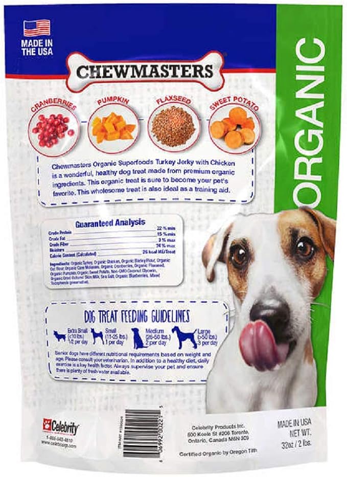 Organic Superfoods Turkey Jerky Dog Treats with Chicken, 2 Pound Bag, USDA Premium Organic Turkey, Made in The USA, by-Product Free, Real Meat Dog Treat, All Life Stages