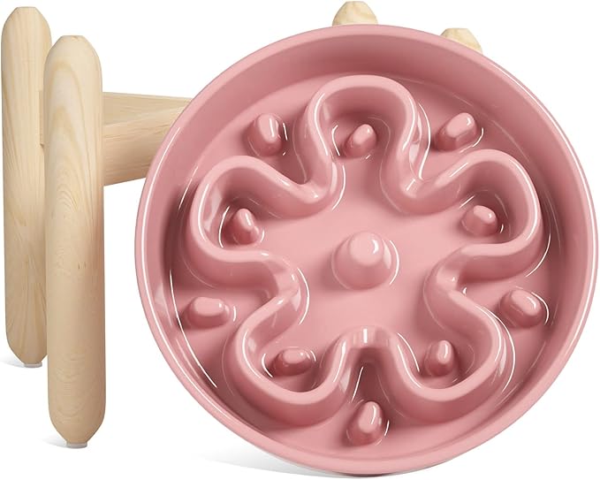 LE TAUCI Ceramic Slow Feeder Dog Bowls Elevated, 3 Cup Raised Bowl with Wooden Stand for Medium Large Breed, Slow Down Eating, Puzzle Dog Food Bowl, Flower Pink