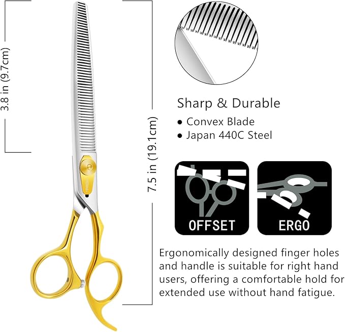 HASHIMOTO Grooming Scissors for Dogs, Dog Thinning Shears for Grooming, 56 Teeth, 7.5 inch, 30% Thinning Rate, Light Weight, Balanced.