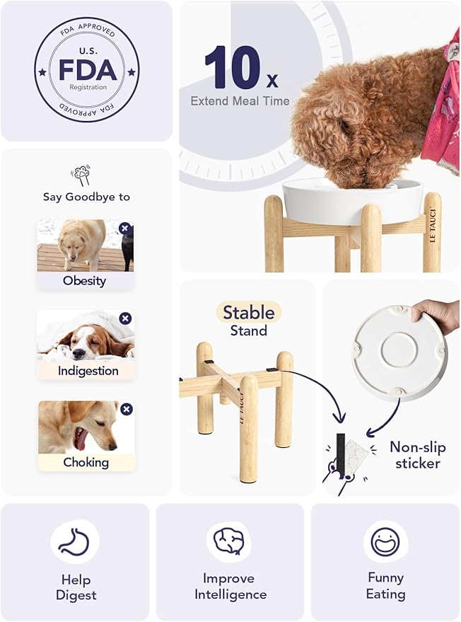 LE TAUCI Ceramic Slow Feeder Dog Bowls Elevated, 1.5 Cups Raised Dog Bowl with Wooden Stand for Small Medium Breed, Dog Dishes to Slow Down Eating, Puzzle Dog Food Bowl, Angel White