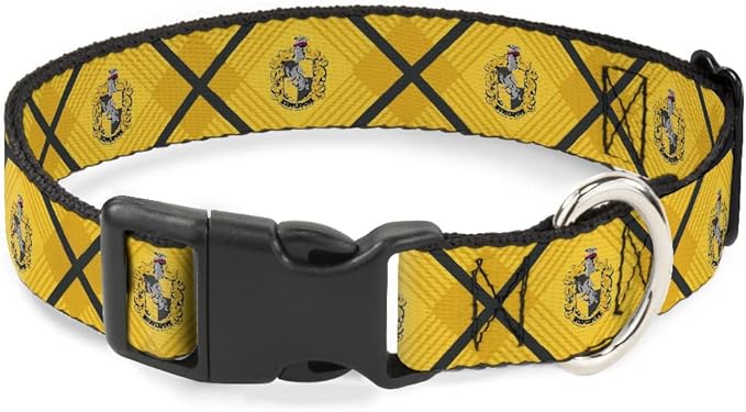 Buckle-Down Dog Collar Plastic Clip Harry Potter Hufflepuff Crest Plaid Yellows Gray 8.5 to 12 Inches 0.5 Inch Wide