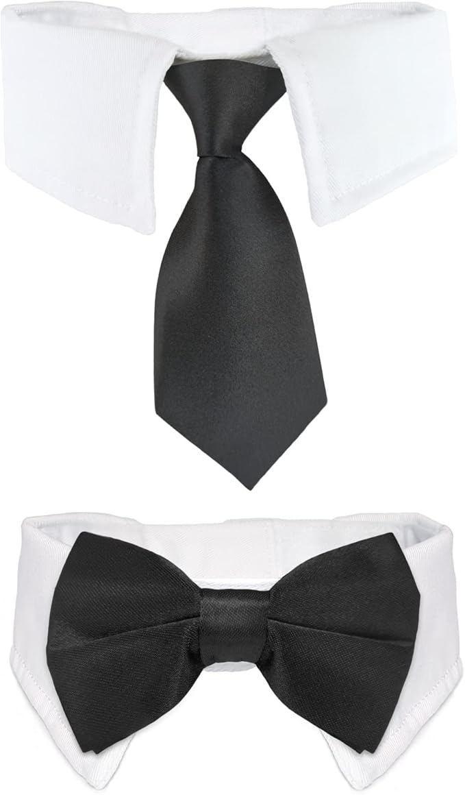 Cat Tuxedo, KOOLMOX Adjustable Suit White Collar with Formal Bows and Ties for Pet, Black Tiefor Small Medium Boy Cats Dogs Tuxedo Tux Outfits, Wedding Birthday Valentines Day Costumes, 2 Pack Black
